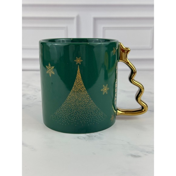 Starbucks Other - Starbucks 2025 Holiday Mug Green Snowflakes Tree Shaped Handle 4" MINT!